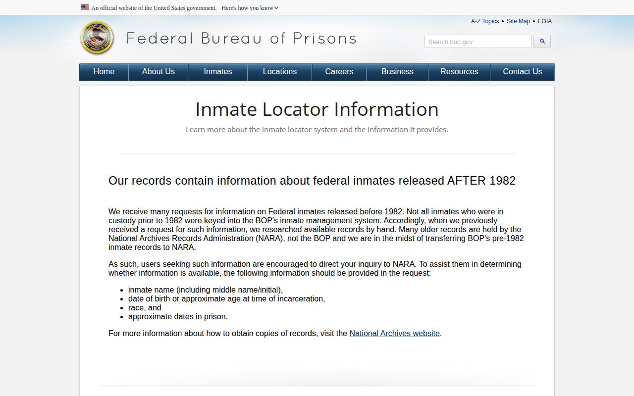 Federal Bureau of Prisons inmate locator record explanation